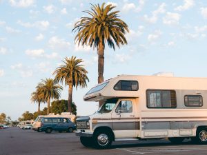 An RV parked in a parking lot surrounded by palm trees in Sunset RV & Mobile Home Park Hondo, TX